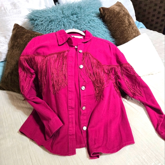 southern Fried chic Jackets & Blazers - Dark Pink Fringe Button-Up Jean Shacket. NWOT.. Never Worn